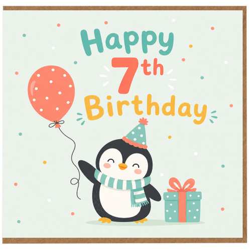 7th Birthday Card, Cute Penguin Happy 7th Birthday Card