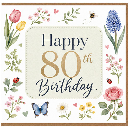 80th Birthday Card, Floral Happy 80th Birthday Card