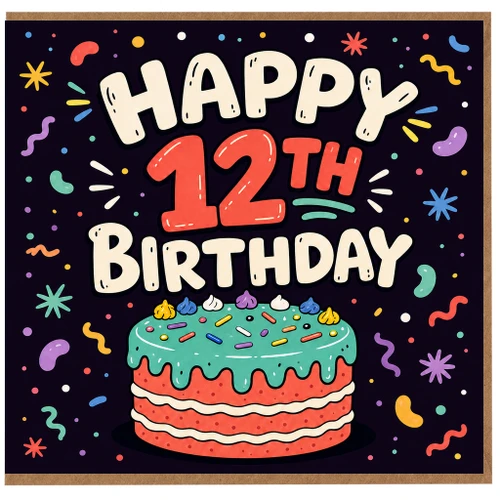 12th Birthday Card, Colourful Happy 12th Birthday Cake Design