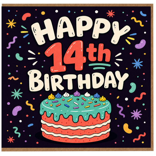 14th Birthday Card, Happy 14th Birthday Card with Cake Design