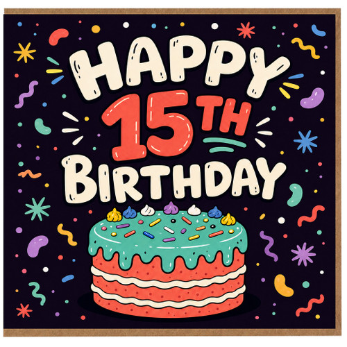 15th Birthday Card, Happy 15th Birthday Card with Cake and Confetti Design