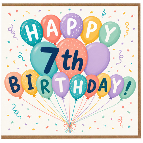 7th Birthday Card, Happy Birthday Balloons and Confetti Design