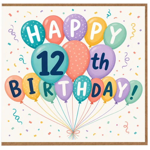 12th Birthday Card, Happy Birthday Balloon Design
