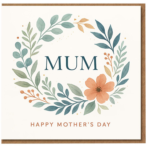 Mum Mother's Day Card - Elegant Floral Wreath with 'MUM' and 'Happy Mother's Day' Message - For Mother Step-Mom