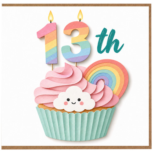 13th Birthday Card, Cute Rainbow Cupcake Design