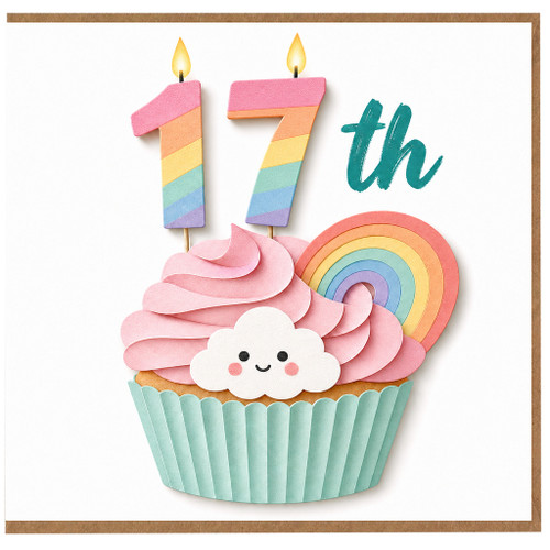 17th Birthday Card, Cute Cupcake and Rainbow Design