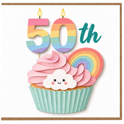 50th Birthday Card, Cute Rainbow Cupcake Greeting Card