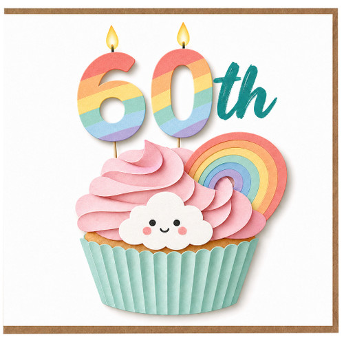60th Birthday Card, Rainbow Cupcake Candle Design