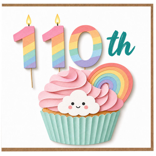 110th Birthday Card, Cute Cupcake and Rainbow Candle Design