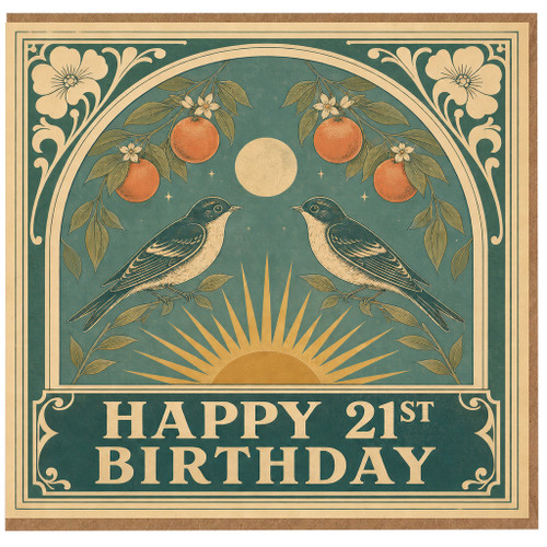 21st Birthday Card, Vintage Birds and Oranges Design