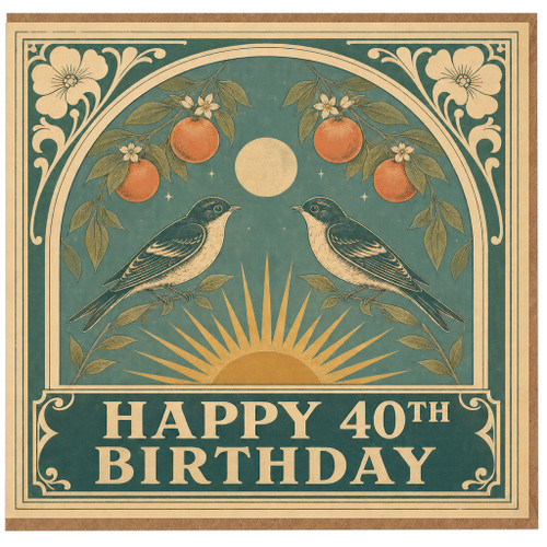 40th Birthday Card, Vintage Bird and Orange Floral Design