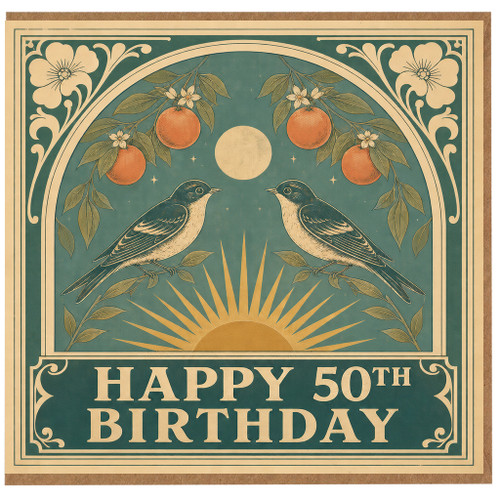 50th Birthday Card, Vintage Birds and Oranges Design