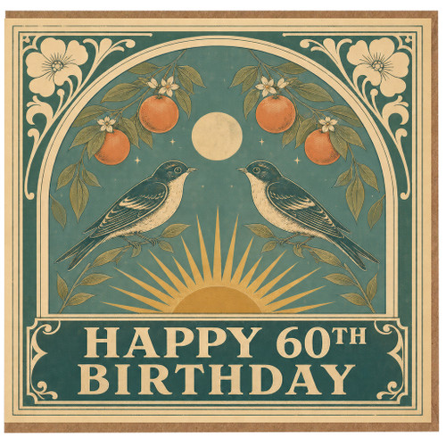 60th Birthday Card, Vintage Birds and Oranges Design