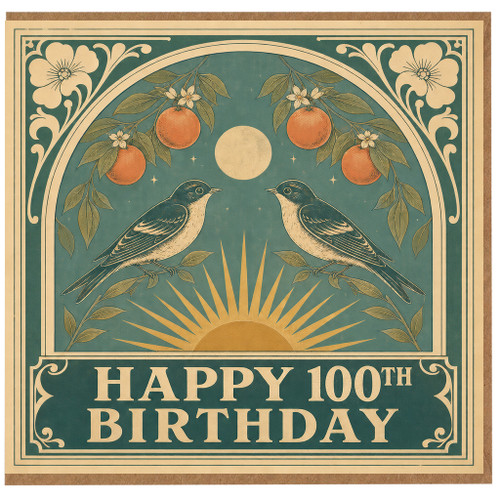 100th Birthday Card, Vintage Birds and Oranges Design