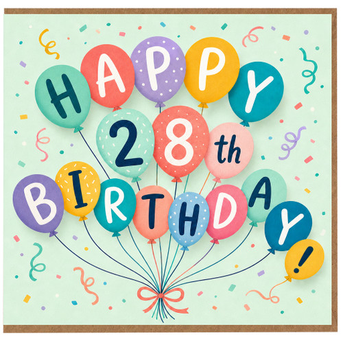 28th Birthday Card, Happy 28th Birthday Balloon Design Card
