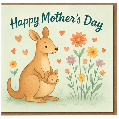 Happy Mother’s Day Card - Cute Kangaroo and Joey with Flowers and Hearts - Sweet Card for Mum