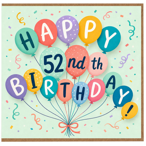52nd Birthday Card, Happy 52nd Birthday Balloon Design
