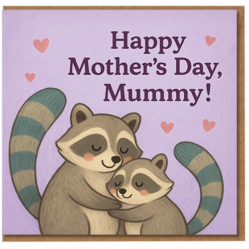 Happy Mother's Day, Mummy! Cute Raccoon Mum and Baby Hug Card - Sweet Animal Design for Mum from Daughter or Son