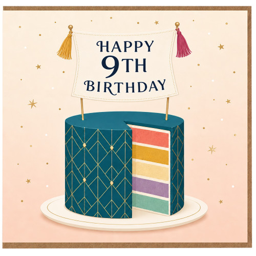 9th Birthday Card, Elegant Cake and Banner Design
