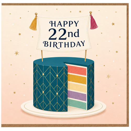 22nd Birthday Card, Stylish Cake and Banner Design