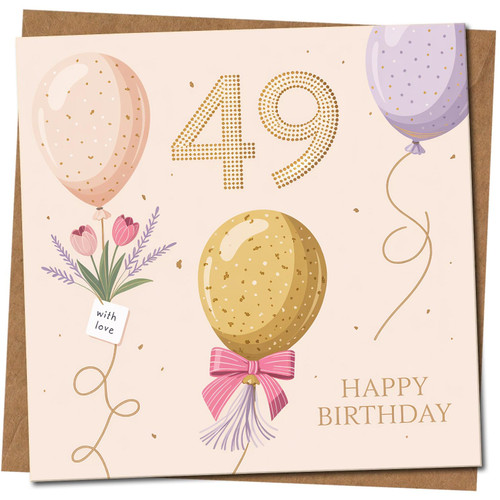 49th Birthday Card - Balloons & Confetti Design, Elegant Square Greeting - 145mm x 145mm - Pastel Gold Look - For Her or Him, Includes Kraft Envelope