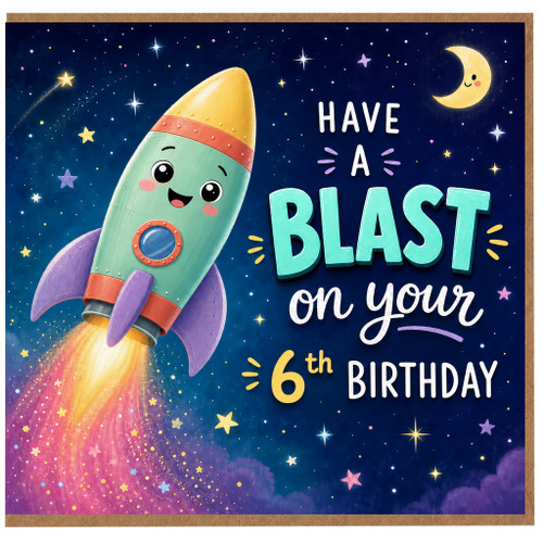 6th Birthday Card, Have a Blast Cute Rocket Space Birthday Card