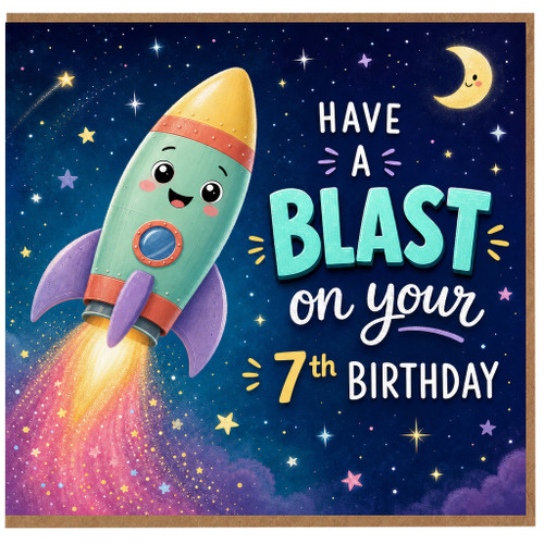 7th Birthday Card, Have a Blast Space Rocket Birthday Card
