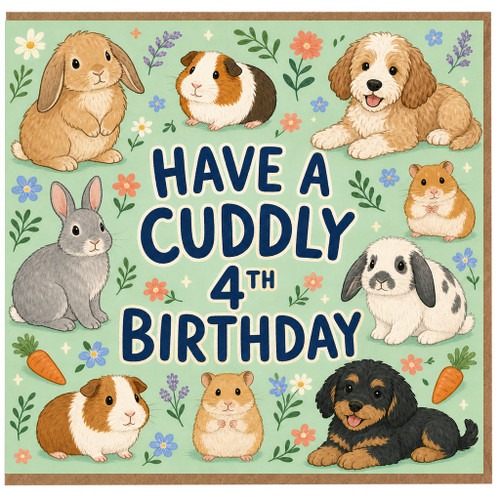4th Birthday Card, Have a Cuddly Birthday Cute Animal Card
