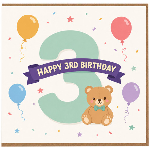 3rd Birthday Card, Cute Teddy Bear and Balloons Happy 3rd Birthday Card