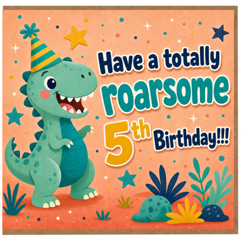 5th Birthday Card, Dinosaur Roarsome Birthday Card
