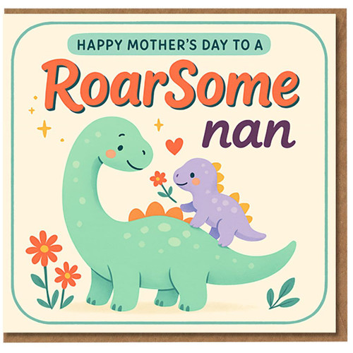 RoarSome Nan Mother's Day Card - Cute Dinosaur Design with Hearts & Flowers - 'Happy Mother's Day to a RoarSome nan' - From Grandkids/Grandchildren