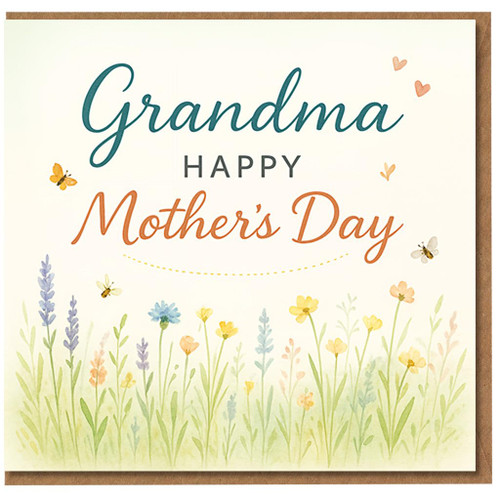 Grandma Mother's Day Card - Happy Mother's Day Wildflower Meadow with Butterflies, Bees and Hearts - Floral Spring Design for Grandma