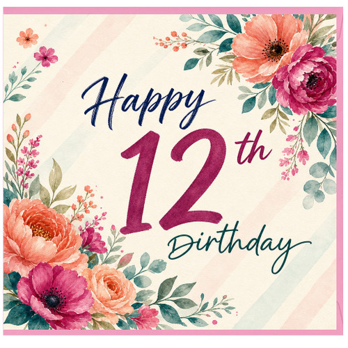 12th Birthday Card, Floral Happy 12th Birthday Card