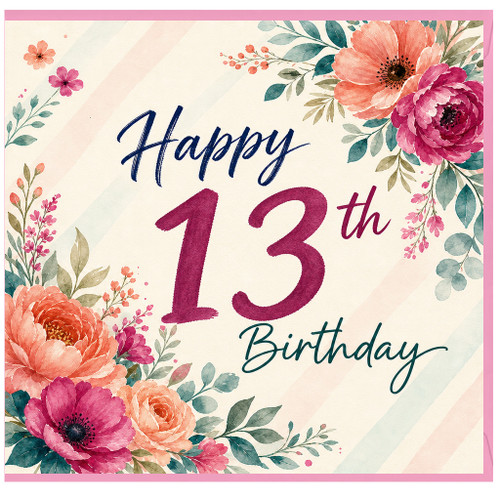 13th Birthday Card, Happy 13th Birthday Floral Watercolour Card