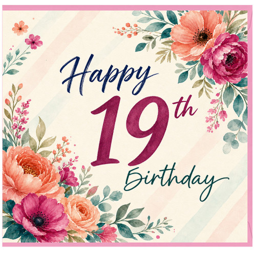 19th Birthday Card, Floral Watercolour Happy Birthday Card for 19 Year Old