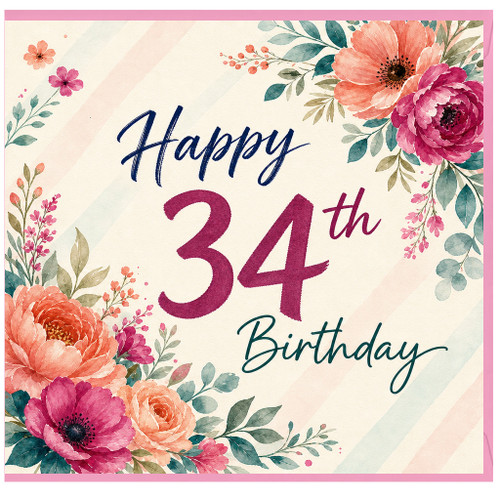 34th Birthday Card, Floral Happy Birthday Card