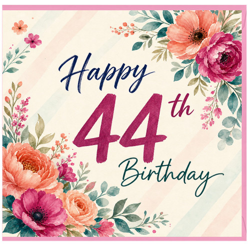 44th Birthday Card, Floral Watercolour Happy Birthday Card