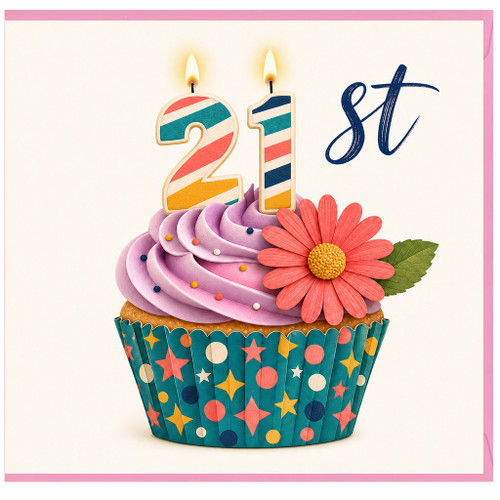 21st Birthday Card, Colourful Cupcake Design