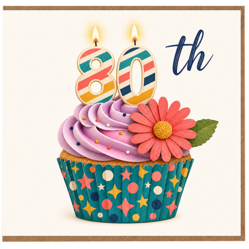 80th Birthday Card, Colourful Cupcake and Candle Design