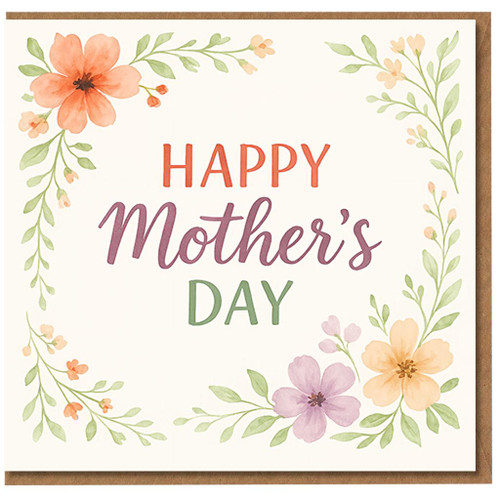 Mother's Day Card for Mum - Watercolour Floral Border - Happy Mother's Day Pastel Flowers