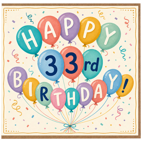 33rd Birthday Card, Colourful Balloon Happy Birthday Card