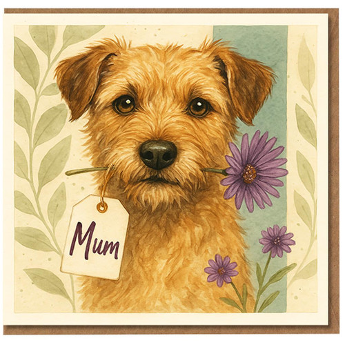 Mum Mother's Day Card - Cute Dog with Purple Daisy and Gift Tag - Sweet Card for Mum from Daughter or Son