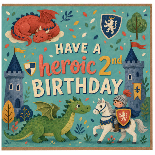 2nd Birthday Card, Heroic Dragon and Knight Medieval Birthday Card