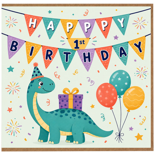 1st Birthday Card, Cute Dinosaur Happy Birthday Card