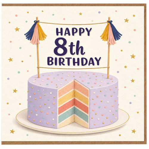 8th Birthday Card, Happy 8th Birthday Cake Design Card