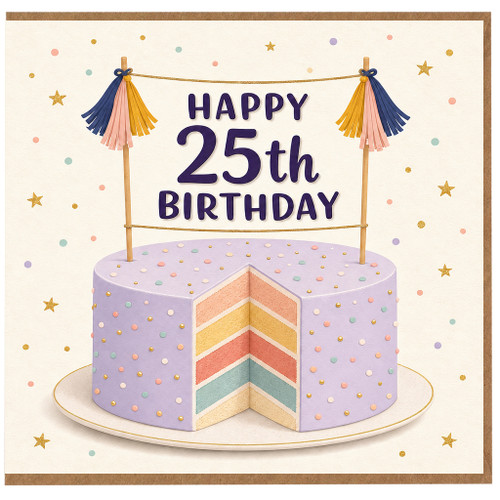 25th Birthday Card, Festive Cake and Bunting Design