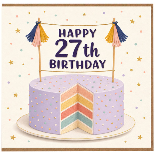 27th Birthday Card, Happy 27th Birthday Card with Pastel Cake Design