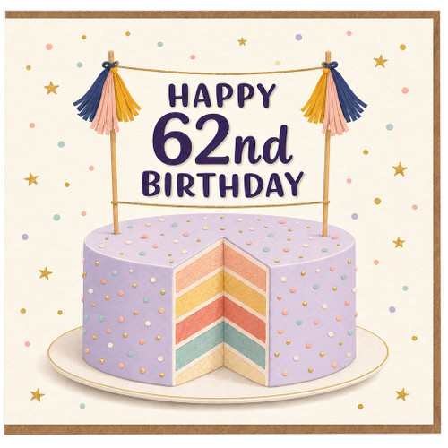 62nd Birthday Card, Happy 62nd Birthday Card, Celebration Cake Design