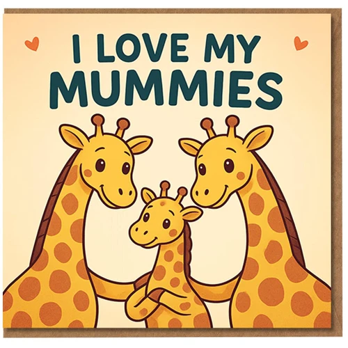 I Love My Mummies Giraffe Family Mother's Day Card - Cute From Child to Two Mums, Same-Sex Parents