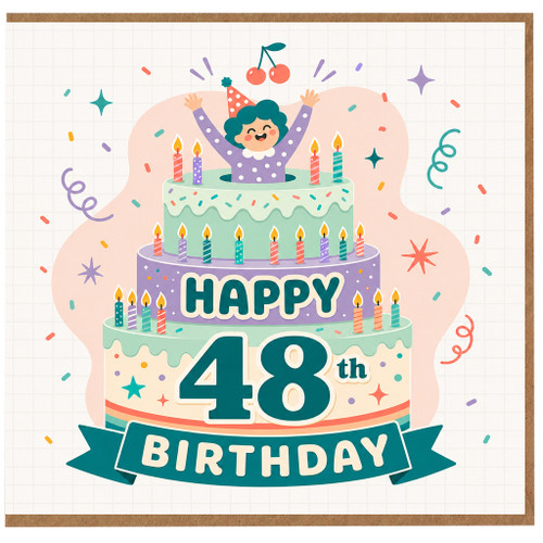 48th Birthday Card, Colourful Cake and Candles Celebration Card